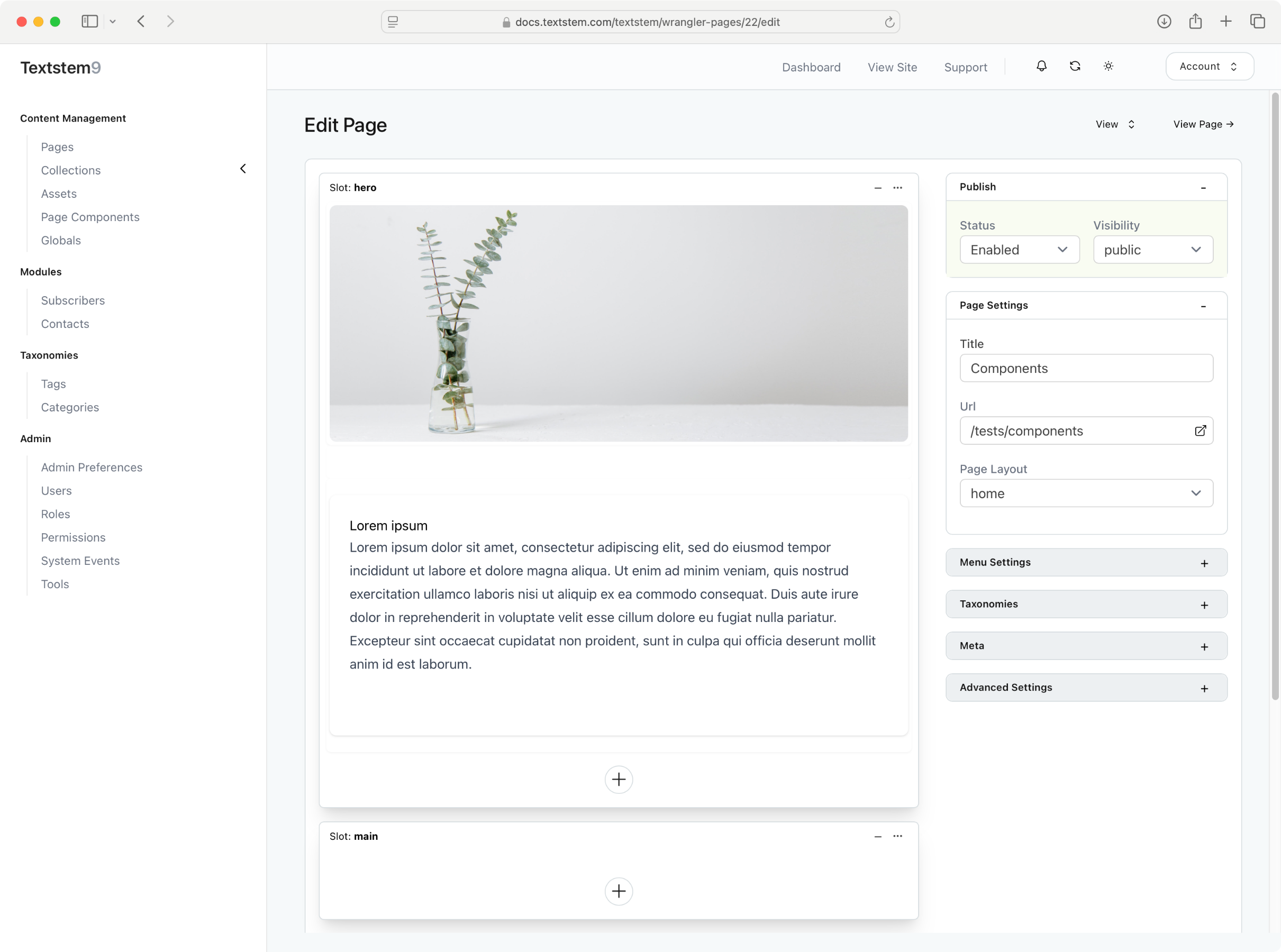 A webpage edit interface displaying a section for editing page content with a vase of eucalyptus leaves prominently featured at the top. Below, there is placeholder text, labeled as "Lorem ipsum," and various settings related to content management, including options for publishing and page details on the right.