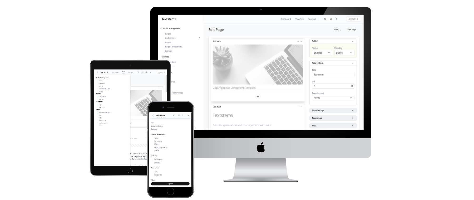 A computer monitor, tablet, and smartphone display a web interface for a content management system called "Textstem." The interface includes options for editing a page, content management features, and settings.